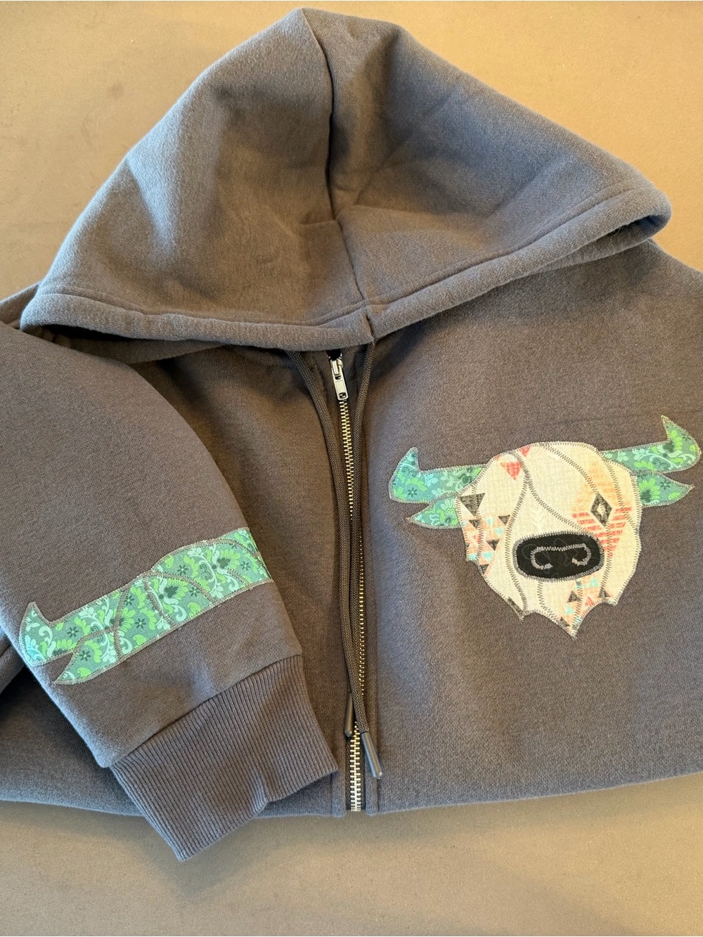 Gray Zip-Up Hoodie with Turquoise Patterned Buffalo Patch